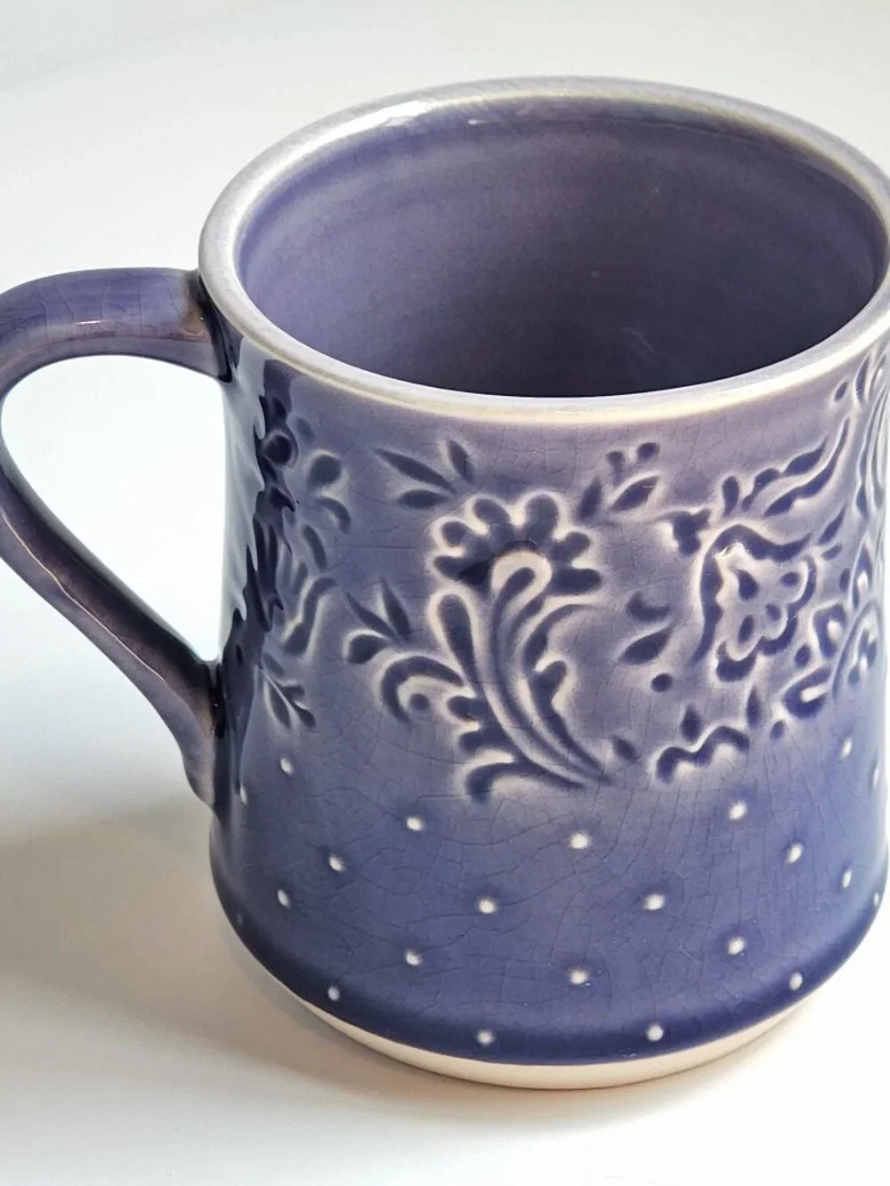 Periwinkle Blue Purple Paisley Embossed Crackle Glaze Ceramic Coffee Mug Cup